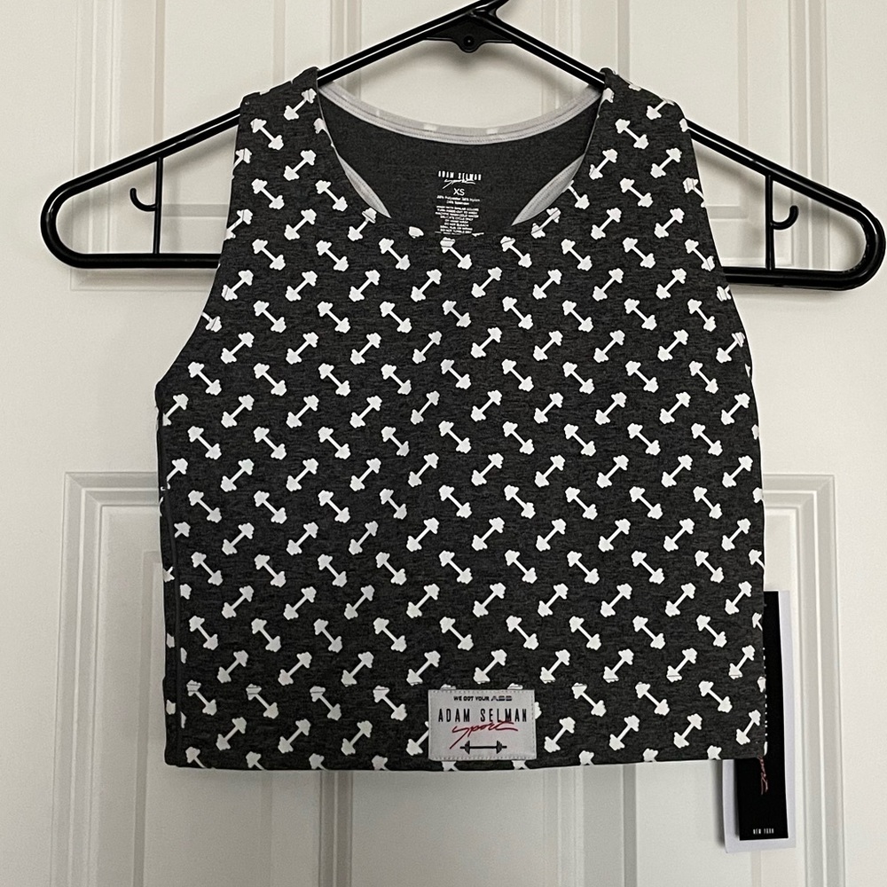 Adam Selman Sport Dark Grey Barbell Print Crop Top Size XS